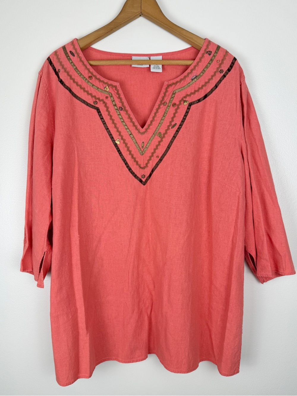 Kim‎ Rogers Linen Blend Tunic Top Size 1X Beaded Embroidered Relaxed Coastal